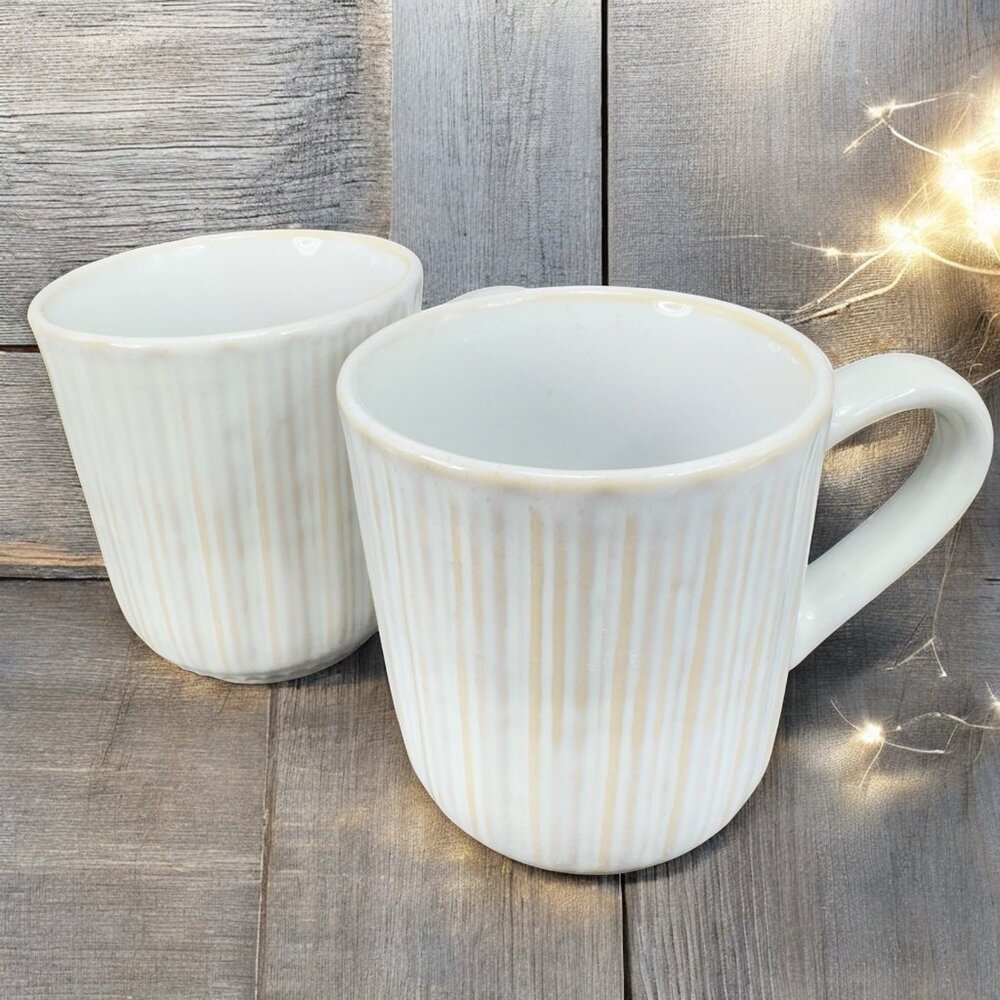 The Bombay Company IVORY Ribbed Coffee Cup Mug Stoneware Ceramic Mugs 12oz Set 2